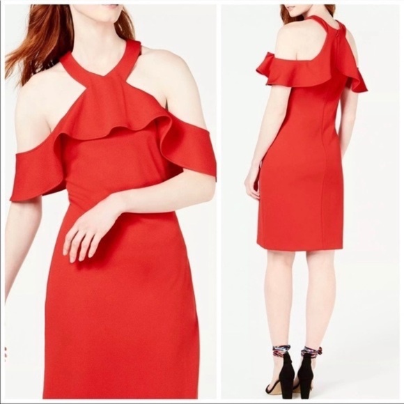 Trina Turk Jurnee Ruffled Cold Shoulder Dress Red - Picture 1 of 4